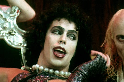 Rocky Horror Picture Show shots, including Tim Curry, Meatloaf, and a toast the dinner scene