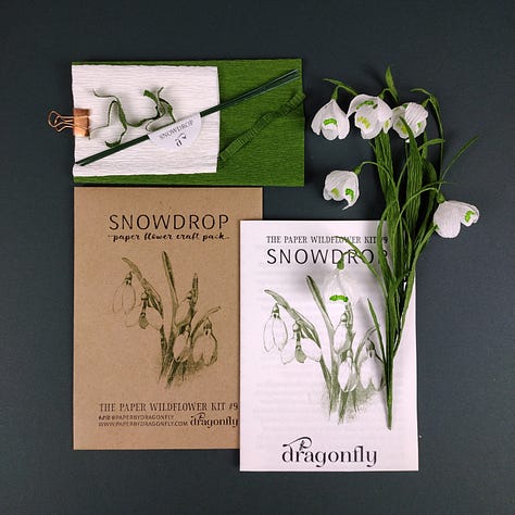Three images of the paper snowdrop craft kits, with the flowers and instruction. booklets photographed against a dark green background.