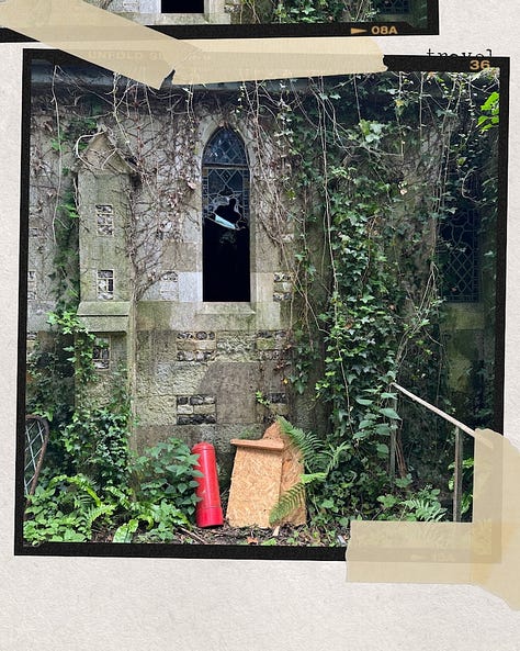 The images feature the outside of a derelict church and weathered gravestones in the grass, evoking a sense of tranquility and reflection on life.