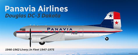 A selection of former Panavia Airlines aircraft: 1) Douglas DC-4, 2) Douglas DC-3, 3) de Havilland DHC-3 Otter, 4) Douglas DC-6, 5) Douglas DC-8-63/73, 6) Douglas DC-8-63CF, 7) Douglas DC-9-30, 8) Boeing 717-200, and 9) Fokker 100 - all shown in side view.