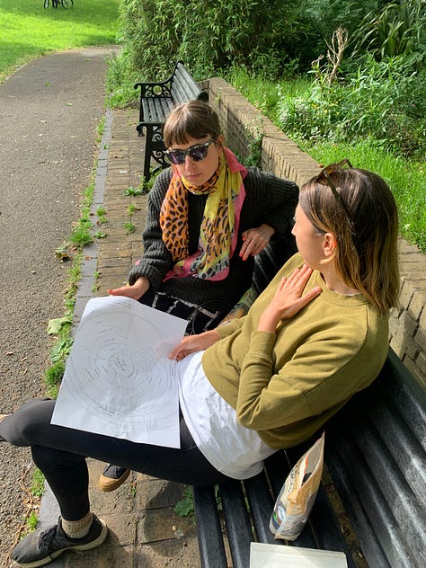 L-R: candlelit dinner table with plates of food and a dark haired woman reaching to serve food, two white women with brown hair sittling on a park bench talking to a piece of paper with a sketch on it, two white women, one blonde, one brown-haired sitting on the floor writing on a big piece of white paper