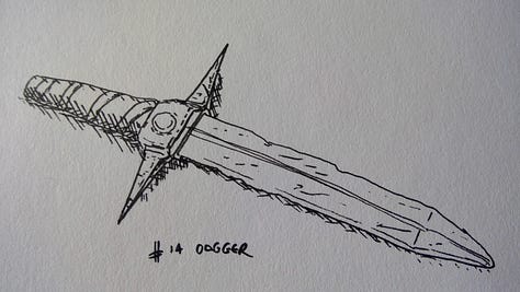 Three images for Inktober: a spaceship taking off, a castle inside a museum display case, and a battered old dagger.