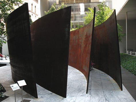 six images of Richard Serra's sculptures in the sculpture garden at the Museum of Modern Art in New York City, 2007