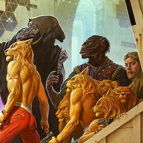 LEFT: Detail from CHANUR’S HOMECOMING featuring a tall alien in dark hooded robes pointing across a cavernous, futuristic space, giving directions to a group of furry humanoids with cat-like heads. CENTER: Character detail from CHANUR’S HOMECOMING featuring a group of Hani arrayed on the stairs with laser pistols drawn and muscles flexed. Each has a series of gold rings on their cat-like ears. One stares back a bearded blonde human who bears a resemblance to the artist. RIGHT: Background detail from CHANUR’S HOMECOMING featuring a group of tall, slender aliens with blue, bulbous eyes cowering as they stare over at the action in the foreground from a vast archway. They each wear a unique gown with subtle stripes and patterns.