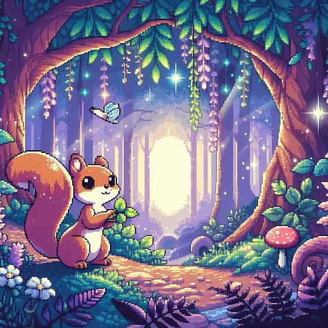 Pixel art, Block print, Art deco versions of a squirrel in a magical forest, by Copilot
