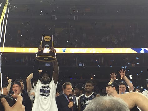 Images from the 2016 Final Four: Dick Vitale pregame with the Villanova student section; the Wildcats reacting to Kris Jenkins' 3-pointer during "One Shining Moment; and Daniel Ochefu holding up the trophy.