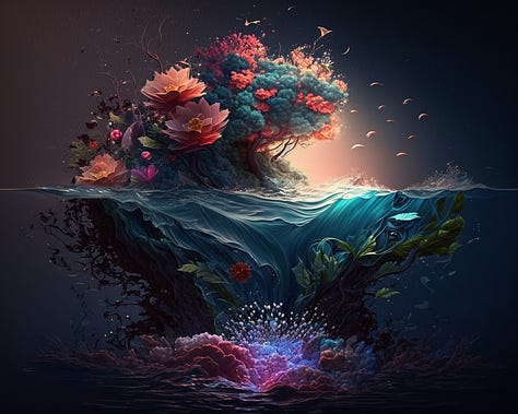 a fantasy tower surrounded by flowers. A small isle covered in fantasy flowers. The ocean, framed by wild fantasy flowers.