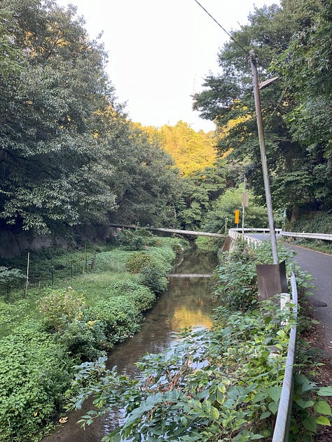 Pictures of riverside, a train leaving a small station, a passageway so small it looks like a culvert, and the suburbs of Kobe