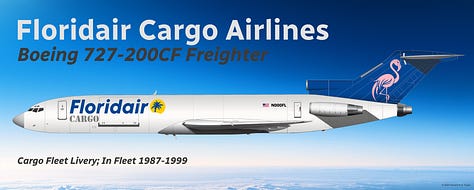 A selection of historic Floridair passenger aircraft: 1) Douglas DC-8-53CF; 2) Douglas DC-8-73CF; 3) Boeing 707-320CF; 4) Boeing 727-200CF; 5) Boeing 757-200BCF; and 6) Boeing 767-300BCF - all shown in side view.