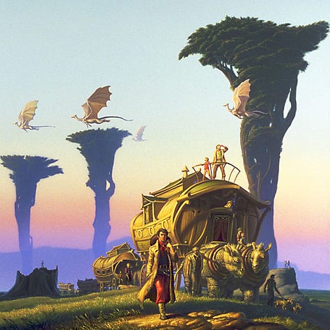 LEFT: Detail from THE RENEGADES OF PERN featuring a man with a bag slung over his shoulder walking with a caravan pulled by rough skinned pachyderms. Underneath his plain overcoat he wears bright red garb. His pants are baggy but tucked into his boots giving the impression that he’s used to this kind of travel. CENTER: Black and white preliminary concept for THE RENEGADES OF PERN featuring a man walking with a bag slung over his shoulder. A caravan follows closely behind. Drifting across the sky, a trio of dragons move left to right. There are no tall trees rising from the plains. Instead a few broken trunks can be seen flanking the caravan's path in the background. RIGHT: Tonal preliminary concept for THE RENEGADES OF PERN featuring a man walking with a bag slung over shoulder. A caravan follows far behind. Dragons casually drift in a line across the sky passing in front of tall, flat top alien trees.