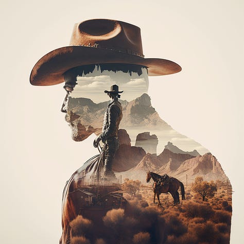 Cowboy + valley | Woman + forest | Pirate + ocean - MJ double exposure prompt