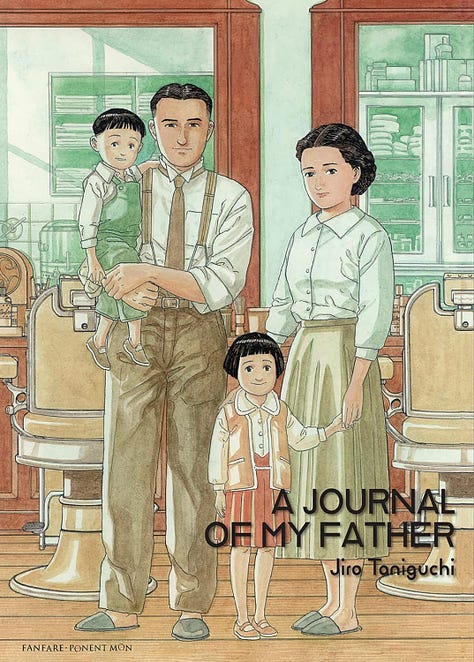 Book covers of "Guardians of the Louvre", "The Ice Wanderer and Other Stories", "A Journal of My Father", "Sky Hawk", and "A Zoo in Winter" by Jiro Taniguchi