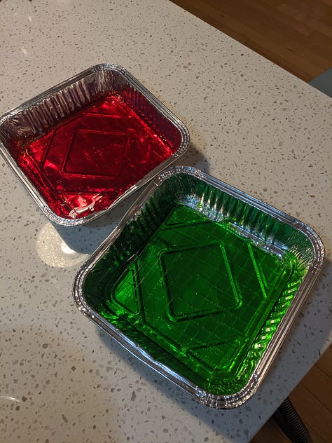 step-by-step images of a 1950s Jello dessert cake recipe, including red and green Jello, lady fingers and cream cheese