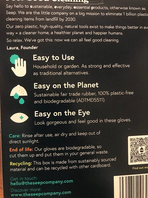 Three images: the back of the packaging box for my plastic-free rubber household cleaning gloves from The Seep Company; label for a zero plastic Eco Sponge Cloth from The Seep Company; socks put to re-use for cleaning and mopping to reduce the need for sponges and paper towels