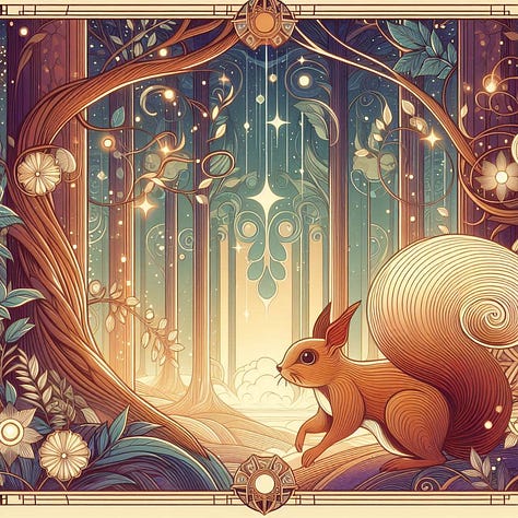 Pixel art, Block print, Art deco versions of a squirrel in a magical forest, by Copilot