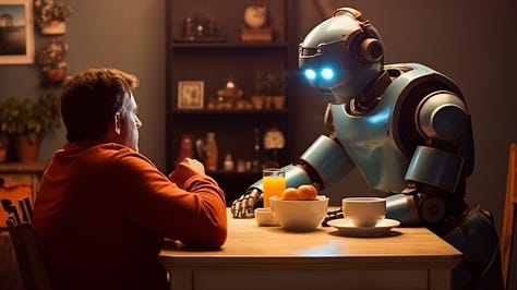 A robot casually chats with a human being