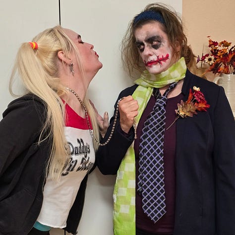 The author in a vivid green-and-gold dance gown poses on a black-and-white checkered floor, and frolics with her friends both inside and outside while decked as Harley Quinn.