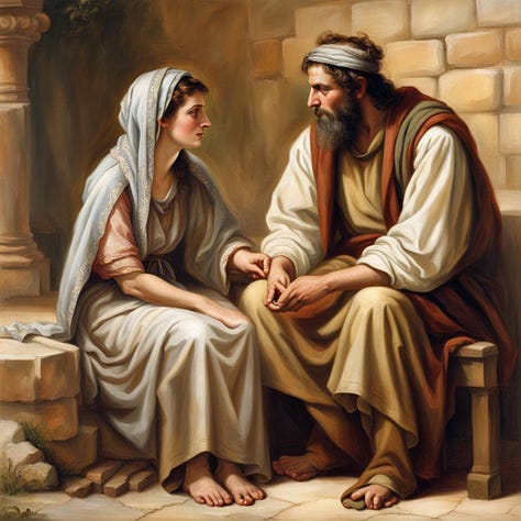 AI play. Same prompt: Ancient Galilee young Jewish husband and wife facing each other in thoughtful conversation. 