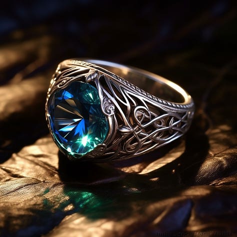 Lord of the Rings styled Elven ring on a pedestal with ethereal glow.