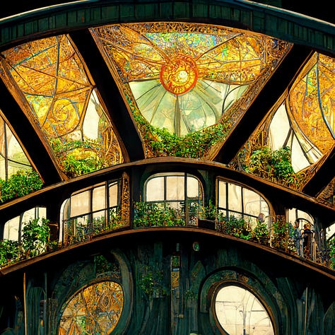 Some images I created with Midjourney using the keywords, “Art Nouveau” and “Solarpunk”, among others.