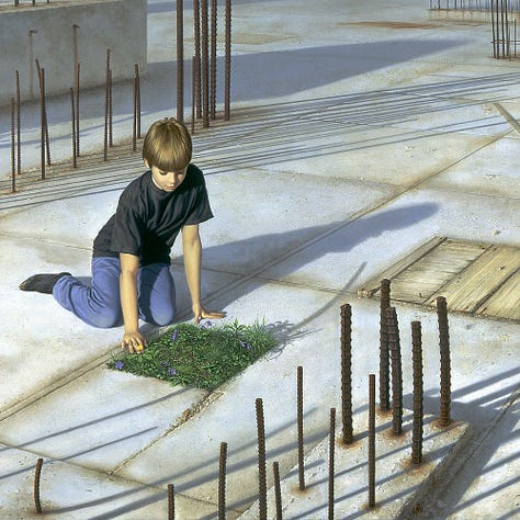 LEFT: Detail from FLOWERS AND WEEDS featuring Adrian at 10 years old kneeling with his legs to the side in front of a patch of weeds growing through a square gap in the foundation at a construction site. His right hand pauses at the edge of the weeds where a single yellow flower grows. CENTER: Closer detail from FLOWERS AND WEEDS featuring Adrian at 10 years old kneeling with his legs to the side in front of a patch of weeds growing through a square gap in the foundation at a construction site. His right hand pauses at the edge of the weeds where a single yellow flower grows. RIGHT: Close detail from FLOWERS AND WEEDS featuring a raised island of concrete foundation at a construction site. Rusted rebar sticks up casting long shadows across the bleached concrete. A rusted token leans against the island marked with the artist’s initials, the letters M and W combined. Nearby a rough wooden hatch sits in the stone.