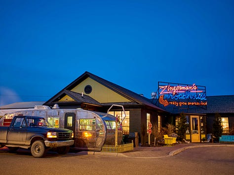 3 photos from L to R: external photo of Zingerman's Roadhouse Restaurant; bowl of mac & cheese; table with fried chicken and bowl of mac & cheese