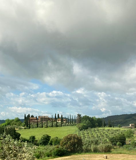 images of the Italian countryside, coastline, cityscape, art, and architecture, and a photo of the author.