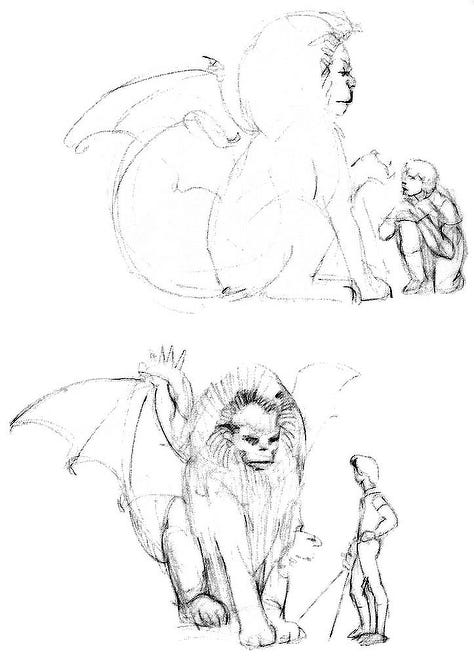 LEFT: Detail from A SPELL FOR CHAMELEON featuring a man in conversation with a red furred manticore. CENTER: Pencil sketch for A SPELL FOR CHAMELEON featuring a man standing on a block of stone to converse with a manticore. The background is different from the finished work with a larger pillar and winding stairs serving as the main backdrop. RIGHT: Rough pencil sketches for A SPELL FOR CHAMELEON. The top features a man kneeling as he listens to a regal looking manticore. The bottom features a man holding a rapier pointing down as he stands casually in front of the manticore with wings spread and scorpion tail visible from behind.