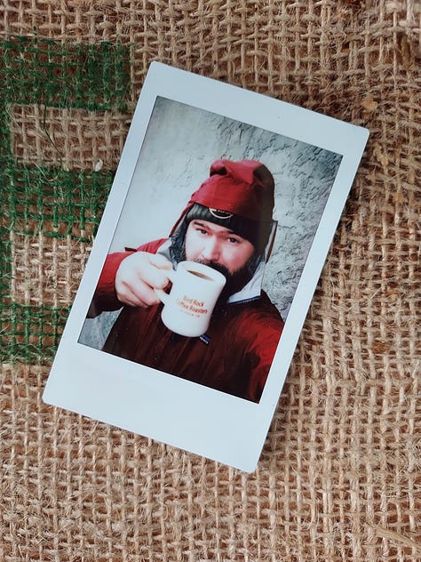 A collection of photos of coffee mugs or selfies of the bearded photographer drinking coffee.