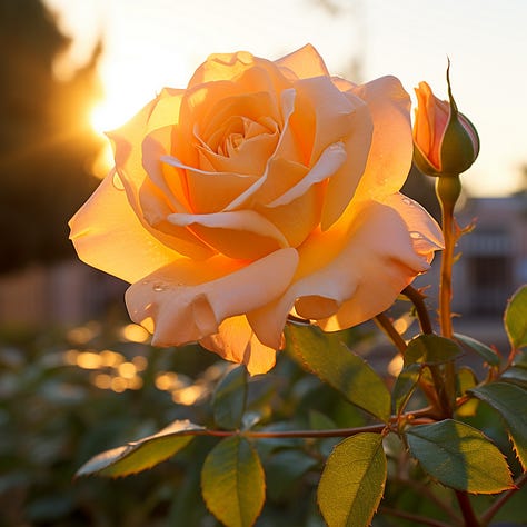 Photo of a woman, teddy bear, and rose, golden hour