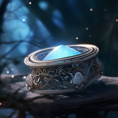 Lord of the Rings styled Elven ring on a pedestal with ethereal glow.