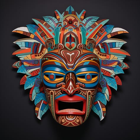 MJ prompt: ornate and colorful Mayan mask - stylize parameter set to 0, 300, and 1000