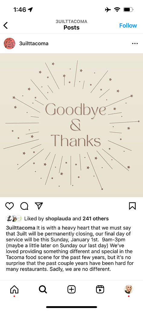 Screen shots of online news articles and Instagram posts about small businesses closing
