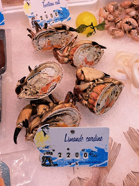 crab and winkles; fish stalls marche de Loches