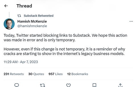 Three tweets from Substack co-founders Chris Best and Hamish McKenzie and a tweet from the Substack account with no replies and zero likes. 