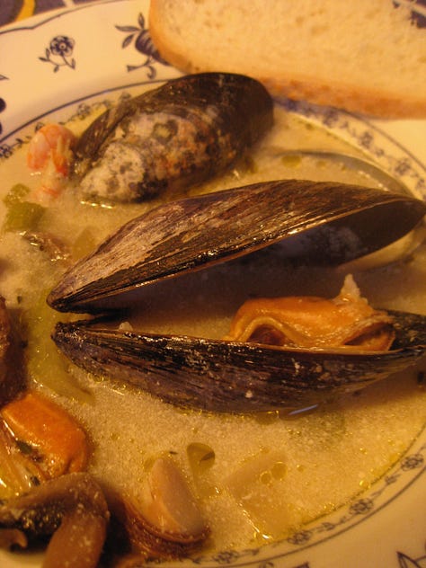 view from the cottage, seafood stew, mussel close-up