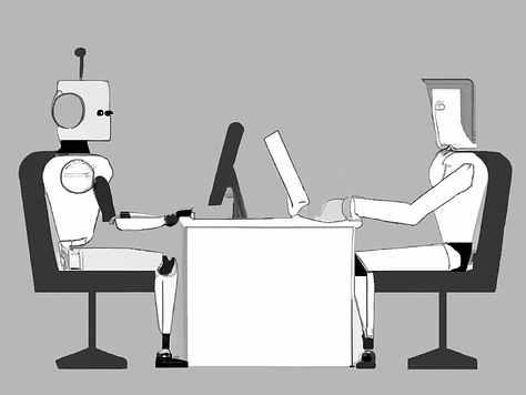 Images created using three different image generators using the prompt "a human and a robot sitting at the same desk and working on computers."