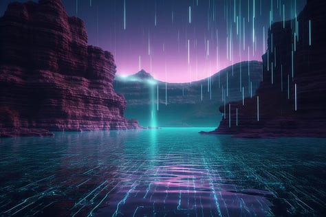 A shimmering lake made of binary data, surreal illuminating waterfall in the style of synthwave, cryptopunk, highly detailed, volumetric, 3D, 8k