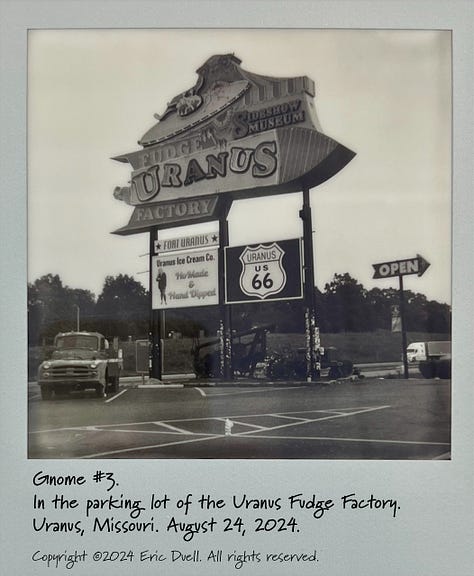 Photos of a garden gnome, framed in various ways, in a parking lot.