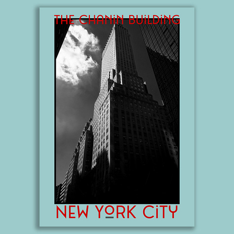 A selection of posters of Art Deco skyscrapers on colourful backgrounds. Empire State Building, The Chanin, The Chrysler, General Electric Building and Atlas, Rockefeller Plaza