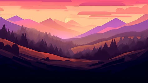 AI-generated images using this prompt: Stylized painting of a mountain range at sunrise.