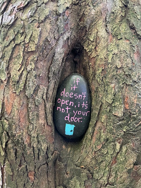 Series of 6 images described in text above: blue faery door, lamp in tree close up with mushroom, lamp in tree from far away with full tree, Sprite cans in crook of tree, key hanging from a string, painted rock wedged in tree bark with words "If it doesn't open, it's not your door" and a blue door