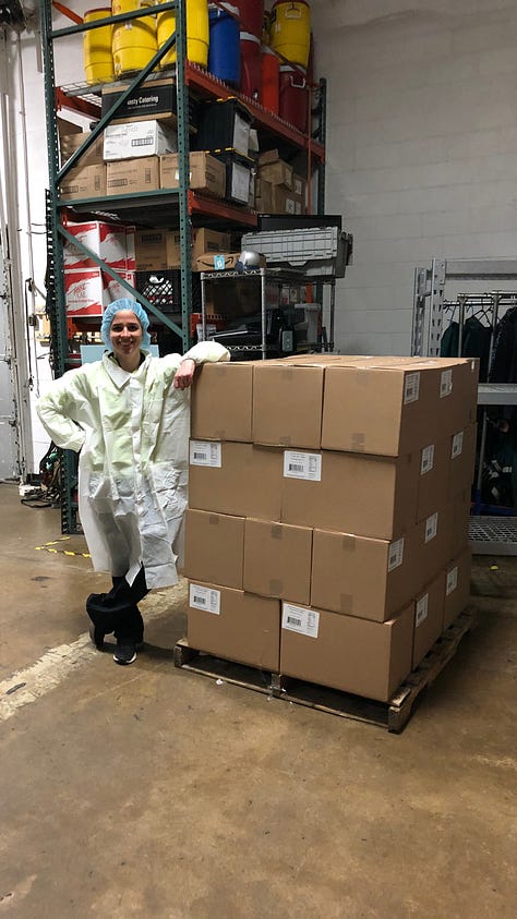 The first image shows Emily holding a tiny waffle iron in her home kitchen. The second shows her standing next to a huge pallet of boxes with waffles ready to be shipped. And the third shows Emily wearing a white hat that reads "Evergreen" while she stands next to a freezer in a retail store containing bags of her waffles.