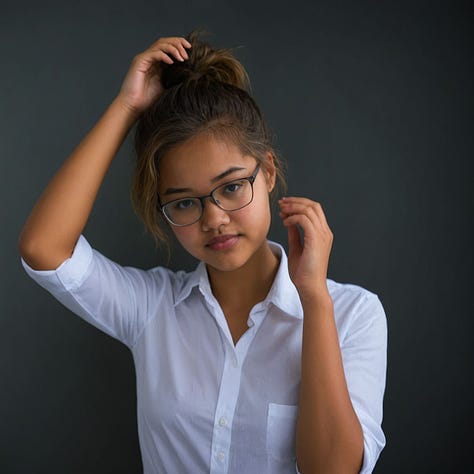 A young woman wearing glasses and a white button-up shirt in different poses