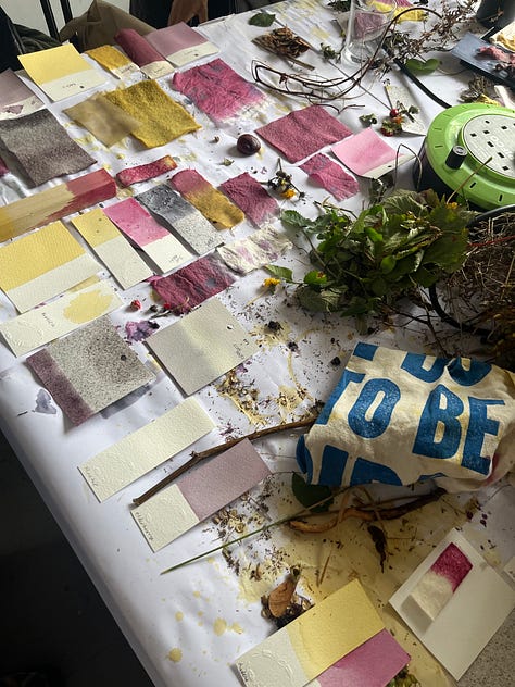 1-2. Workshop table full of dipped paper samples, dye pots full of fabric and yarn; 3. Floor where a hapa zome plant pounding workshop was going on.