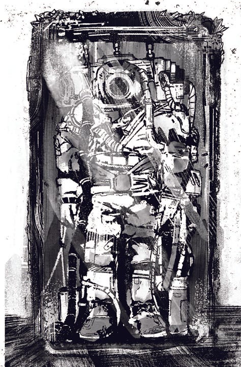 Cover image of the zine Resonant, an image of an antique diving suit, and a page depicting the adventure timeline with imagery of a dam, a settlement, and a cavern.