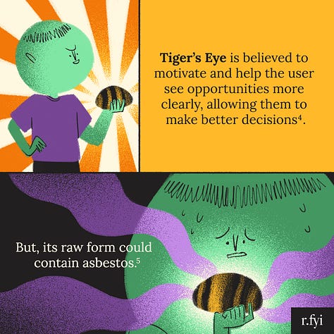 Illustrated data visualizations about 3 individuals finding out that Tiger's Eye, Cinnabar, and Orpiment are also toxic, despite many people only thinking that they have "energy" qualities.