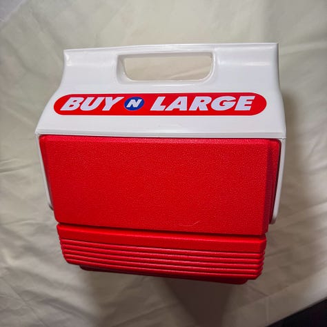White and red igloo cooler with Buy N Large stickers