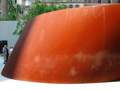 six images of Richard Serra's sculptures in the sculpture garden at the Museum of Modern Art in New York City, 2007