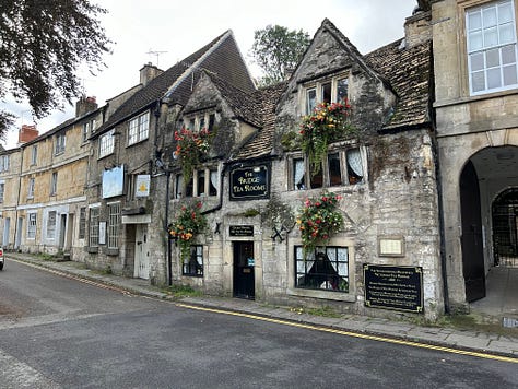 3 photos. 1 The Bridge Tea Rooms, housed in a formed Blacksmith's cottage from 1502. 2 The 18th century lock up on the town bridge. Built on the foundations of a medieval chapel Notice the Gudgeon fish on the weather vane. 3 The Shambles. Images: Roland's Travels